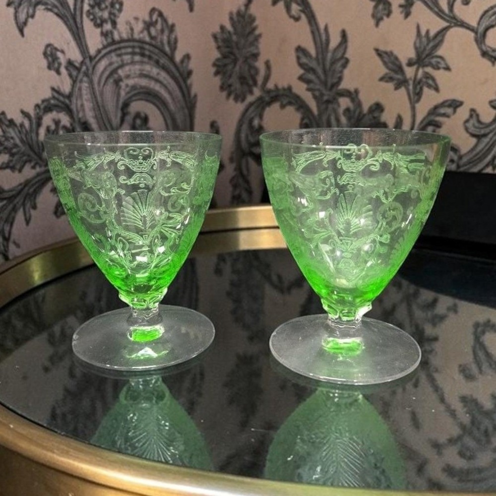 Fostoria Versailles Etched Cocktail‎ Glasses, Set of 2, Vtg Footed Uranium Glass